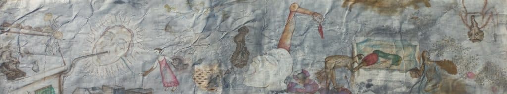OLIVA SAHA | The ruin of the city, where the drama has been staged again |2023 | | Gouache colour, tea stain, natural colour on rice paper pasted on Fabriano |11 x 55 ″