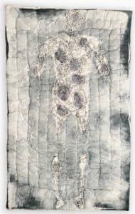 AASHISH MOGA | Memories of Mattresses | Acrylic on canvas, cotton filled mattress made up of canvas fabric letter beads, fabric strings | 67”x 40”