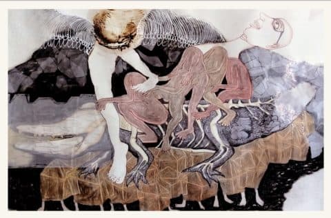 SAMIRAN DEY | The Spine of Life |Watercolour, graphite, transparent paper, charcoal, burning and acrylic on paper | 25 x 36 ″