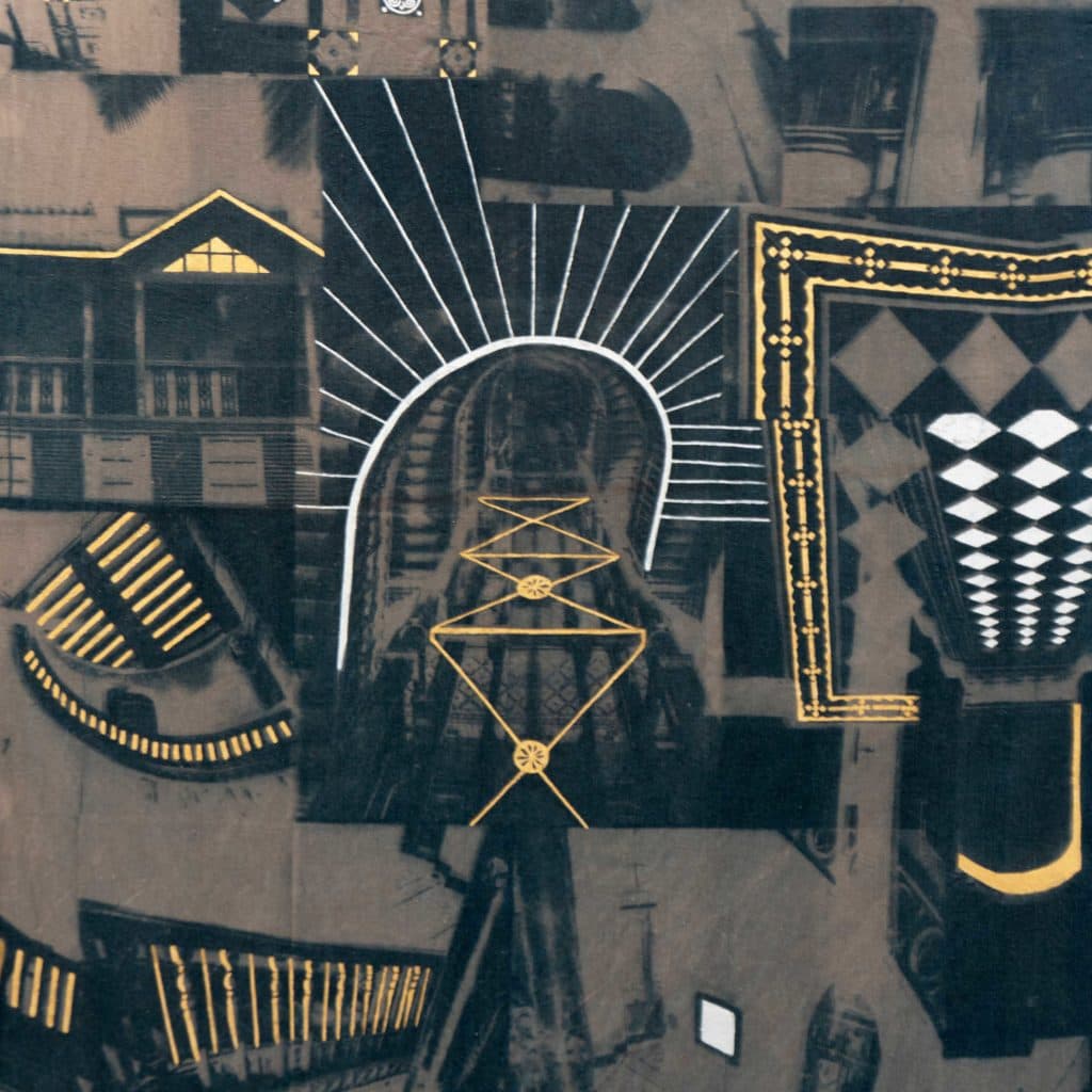 Details from ‘Imprints of a City’ by Savitha Ravi, the gold details accentuating the design elements of the architectural spaces